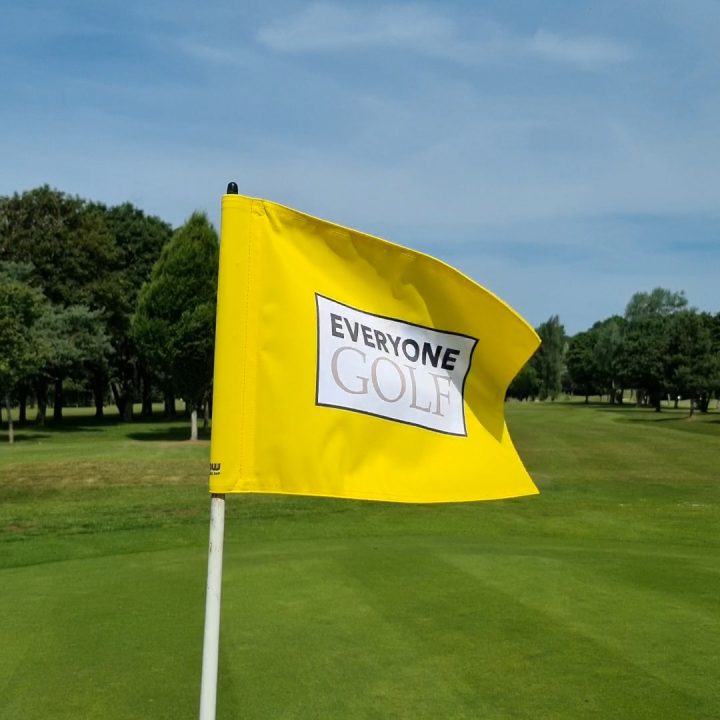 Yellow golf flag with "EVERYONE GOLF" text on a green course under a blue sky.