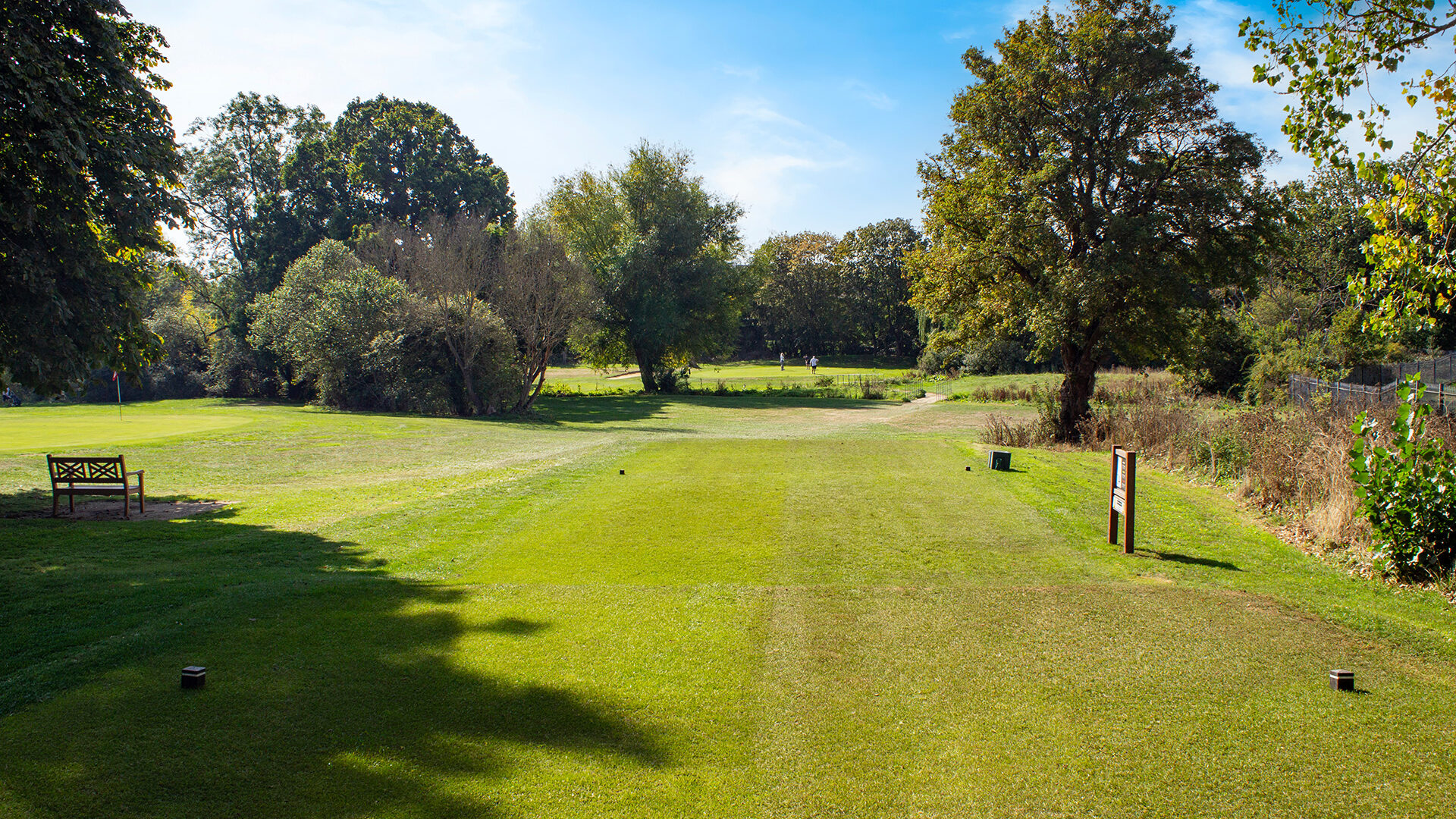 A view from a golf course tee box looking down the fairway toward trees.