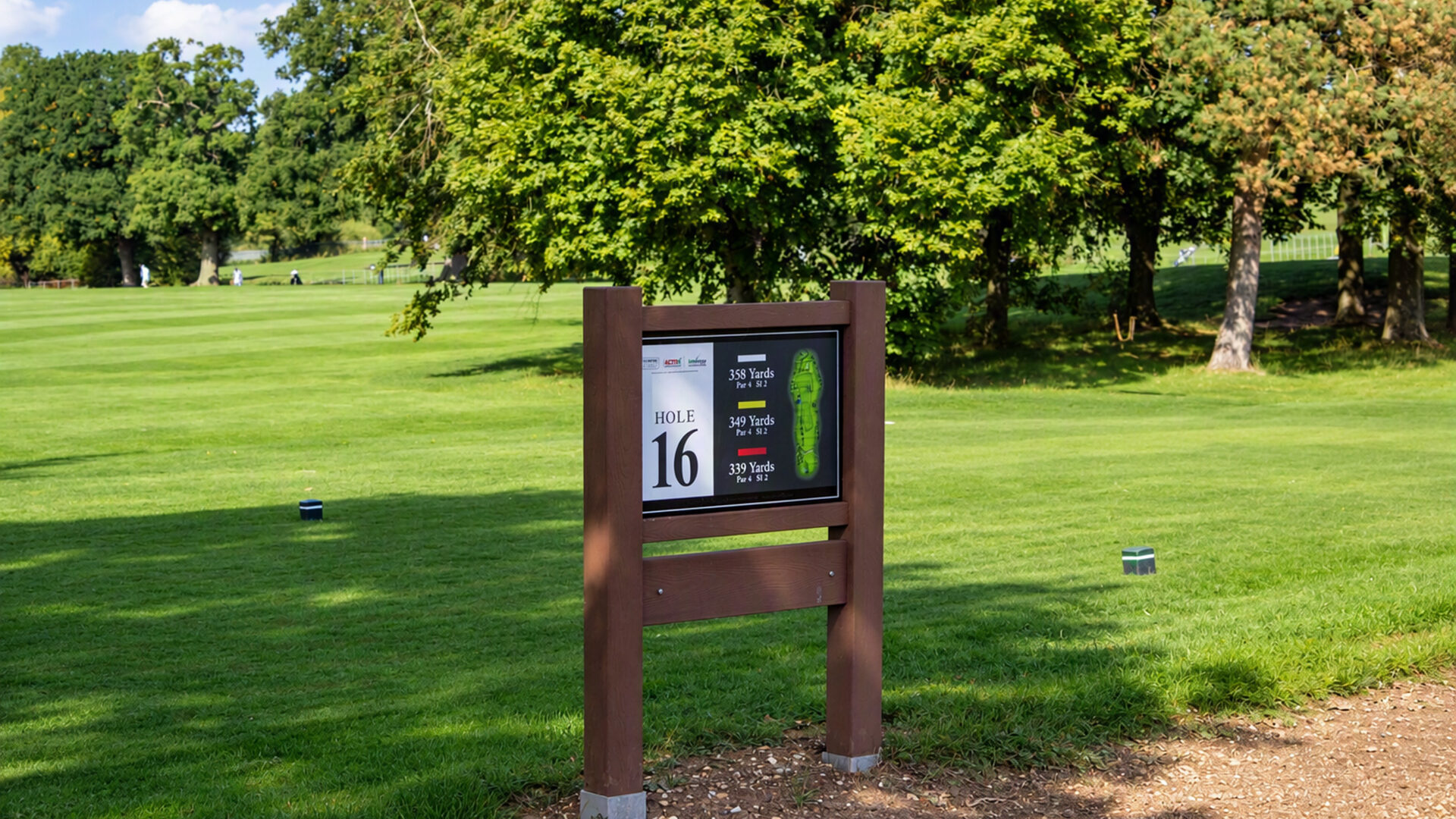 Golf course sign for hole 16 at Stevenage Golf Course showing the yardage of each tee setting.