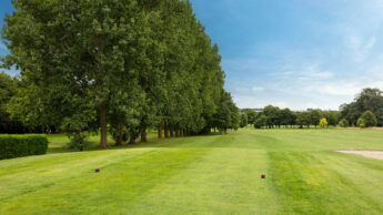 Golf course with green grass, trees lining the fairway, and a blue sky above.