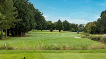 Golf course with green fairway, trees on the sides, and a blue sky above.