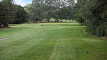 A green golf course with trees in the background under a partly cloudy sky.