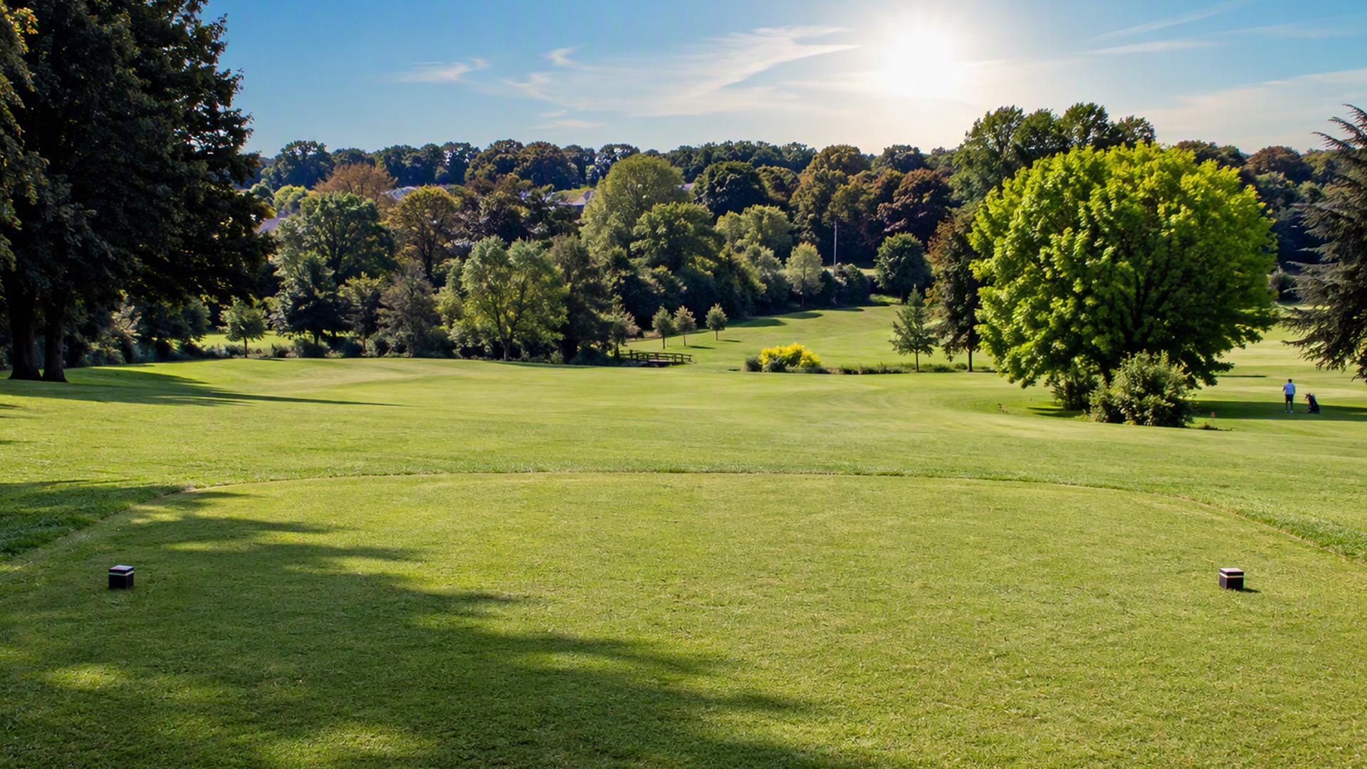 A scenic view looking down a green golf course fairway toward a tree-lined horizon.
