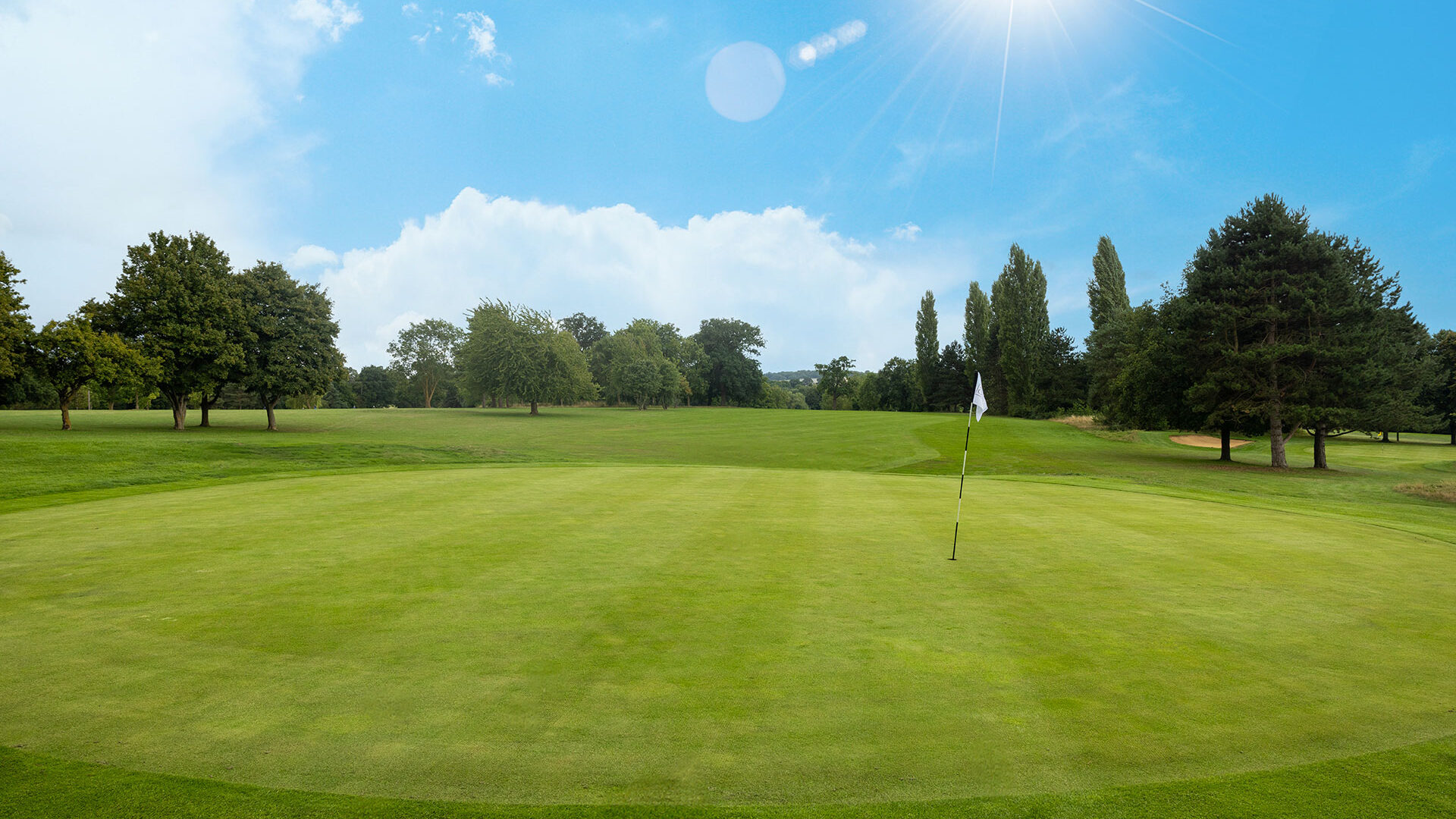 Golf green with a flagpole under a sunny sky and trees in the background.