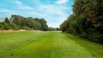 A lush green golf course with trees lining both sides under a partly cloudy sky.