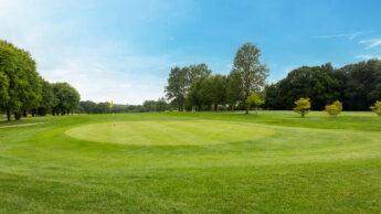 A green golf course with a flag on the putting green under a blue sky.