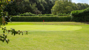 Enderby Golf course green with a flagstick, bordered by trees under a blue sky with clouds.