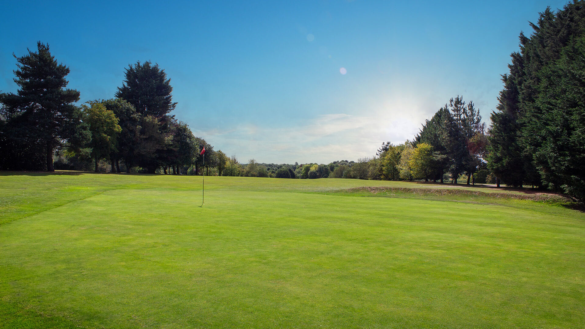 Enderby Golf course green with a flagstick, bordered by trees under a blue sky with clouds.