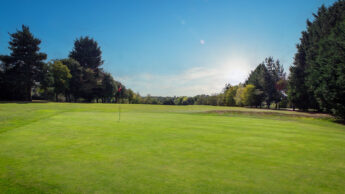 Enderby Golf course green with a flagstick, bordered by trees under a blue sky with clouds.
