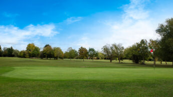 Enderby Golf course green with a flagstick, bordered by trees under a blue sky with clouds.