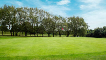 Enderby Golf course green with a flagstick, bordered by trees under a blue sky with clouds.