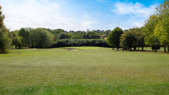 Grassy golf course fairway with trees on both sides under a bright blue sky with some clouds.