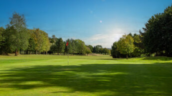 Enderby Golf course green with a flagstick, bordered by trees under a blue sky with clouds.