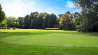 Enderby Golf course green with a flagstick, bordered by trees under a blue sky with clouds.