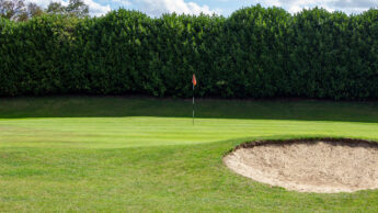 Enderby Golf course green with a flagstick, bordered by trees under a blue sky with clouds.