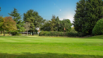 Enderby Golf course green with a flagstick, bordered by trees under a blue sky with clouds.
