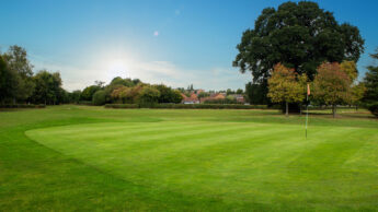 Enderby Golf course green with a flagstick, bordered by trees under a blue sky with clouds.