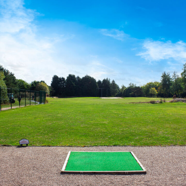 A golf driving range with a green mat under a bright blue sky and surrounding trees.