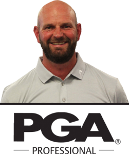 Smiling man in a golf shirt above a "PGA Professional" logo on a white background.