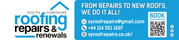 Blue and white ad for South Yorkshire roofing services with contact details and a QR code.