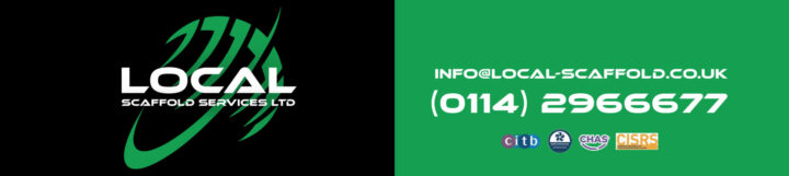 Green and black Local Scaffold Services logo, contact email, phone number, and certification logos.