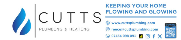 Cutts Plumbing logo with contact info, slogan, and QR code on a white background.