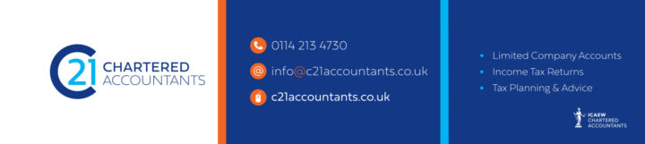 C21 Chartered Accountants contact info and services listed on a blue and white business banner.