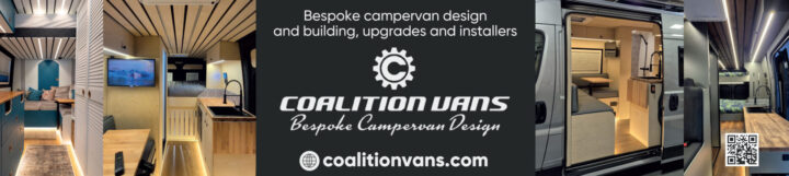 Campervan interiors with wood accents and lighting; Coalition Vans logo and website in the center.