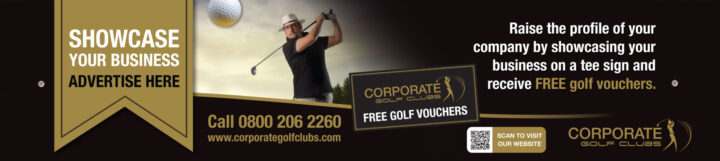 Man swinging golf club, “Showcase your business here,” call 0800 206 2260, Corporate Golf Clubs.