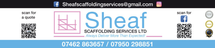 Sheaf Scaffolding Services Ltd contact info, QR codes, social icons, logos, and phone numbers.