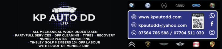 KP AUTO DD banner with contact info, logos of car brands, service list, and a QR code.