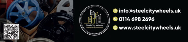 Car wheels and Steel City Wheels contact info on a black background with a QR code.