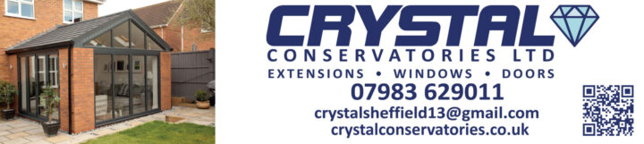Conservatory extension with contact info for Crystal Conservatories Ltd and a QR code.