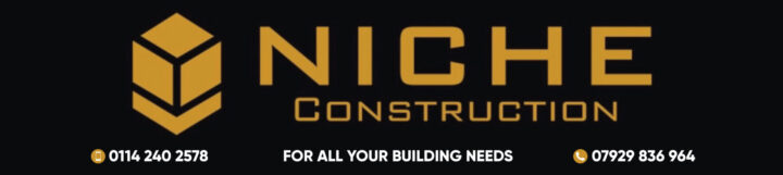 Niche Construction logo with contact numbers and “For all your building needs” slogan.