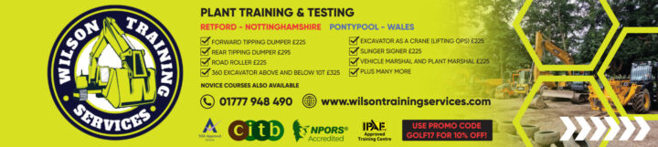 Wilson Training Services banner with course info, contact details, and plant machinery images.