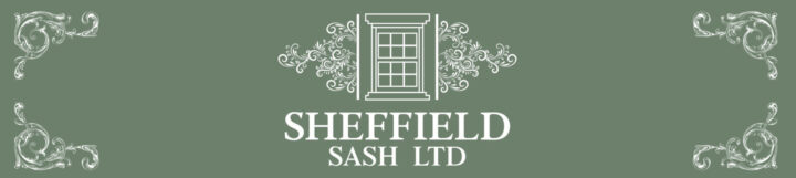 Sheffield Sash Ltd logo with a window graphic and ornate flourishes on a green background.