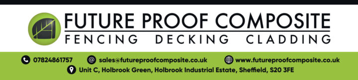 Future Proof Composite banner with contact info for fencing, decking, and cladding services.