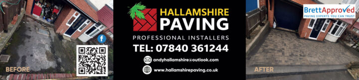 Before and after images of driveway paving with Hallamshire Paving contact details in the center.