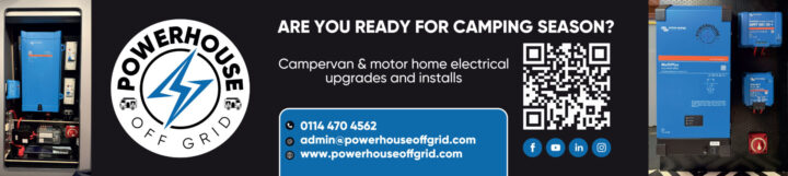 Powerhouse Off Grid banner, QR code, contact info, and campervan electrical system photos.
