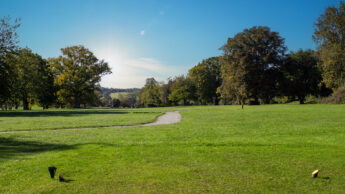 Sunny day on a golf course with green grass, trees, and a clear blue sky.