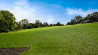 Grassy golf course with trees at the edges under a bright blue sky with scattered clouds.