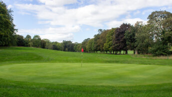 A golf green with a red flagstick, surrounded by trees under a partly cloudy sky.