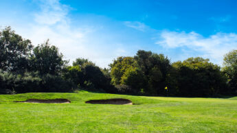 Golf course with sand bunkers, green grass, trees, and a flag under a blue sky.
