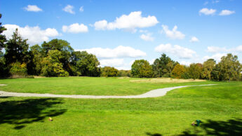 Green grassy golf course with a winding path, trees, and a blue sky with scattered clouds.