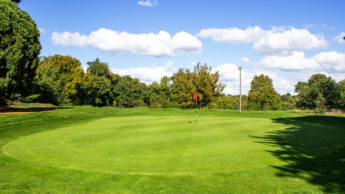 Golf course green with a flagstick, surrounded by trees under a blue sky with clouds.