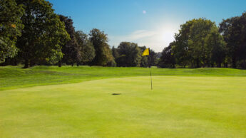 A sunny golf course green with a flag marking the hole, surrounded by trees.