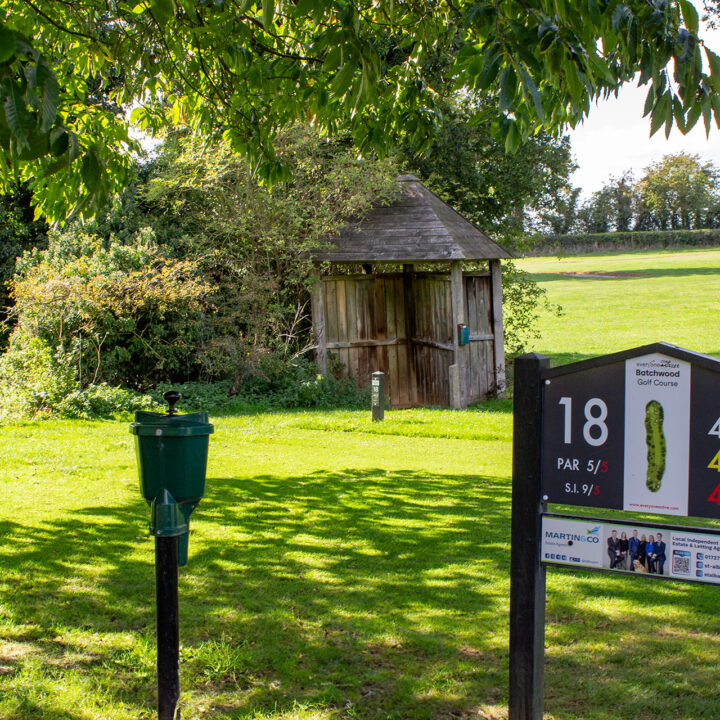 Golf course hole 18 sign, green grass, trees, and a small wooden shelter in the background.