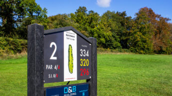 Golf course sign for hole 2, showing yardage, par, and sponsor info, with grass and trees.