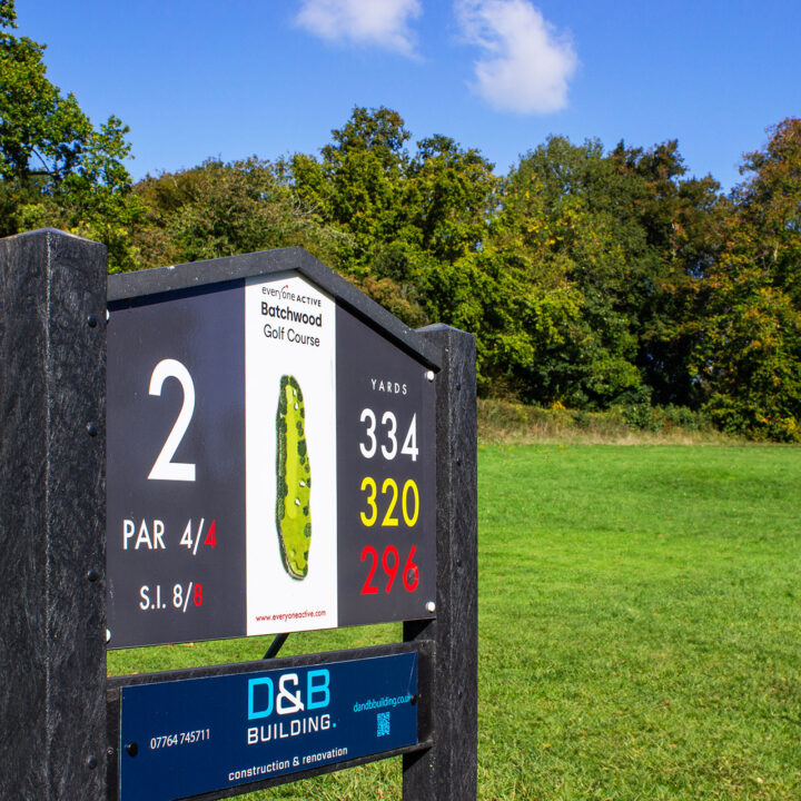 Golf course sign for hole 2, showing yardage, par, and sponsor info, with grass and trees.