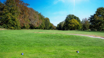 Golf course with green grass, trees, and bright sun in a clear blue sky.
